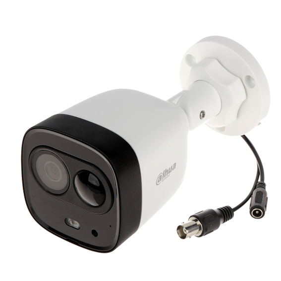 Cámara de disuasión activa HDCVI de 2Mp con PIR de 10 m, IR 20 m, CMOS  1/2,7", lente fijo de 2.8 mm, IP67 y carcasa de aluminio y pástico