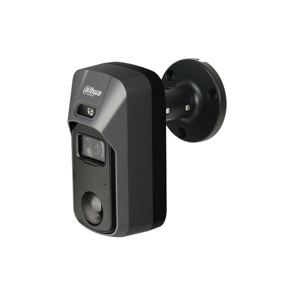 [DH-HAC-ME1500CP-0280B] Cámara de disuasión activa HDCVI de 5Mp con PIR de 14 m, IR 20 m, CMOS 1/2,7", lente fijo de 2.8 mm, IP67 y carcasa de aluminio y pástico