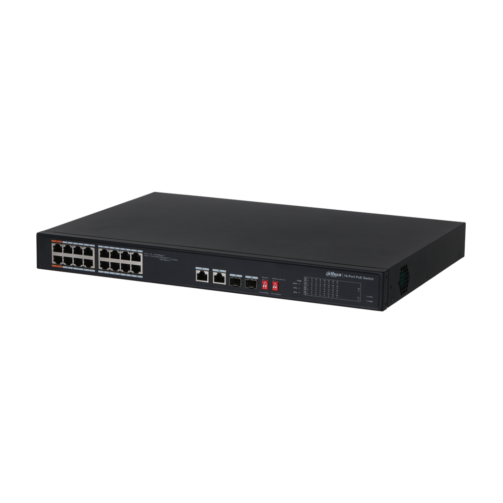 Switch Dahua PoE de 16 puertos + 2 × RJ45 o 2 × SFP 1000 Mbps
