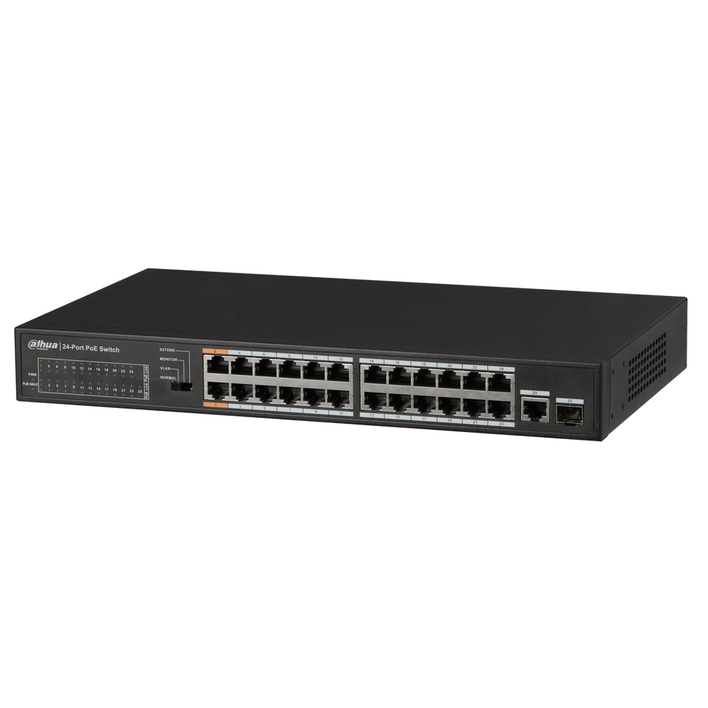 Switch PoE de 24 puertos Fast Ethernet y 1 puerto Gigabit Combo