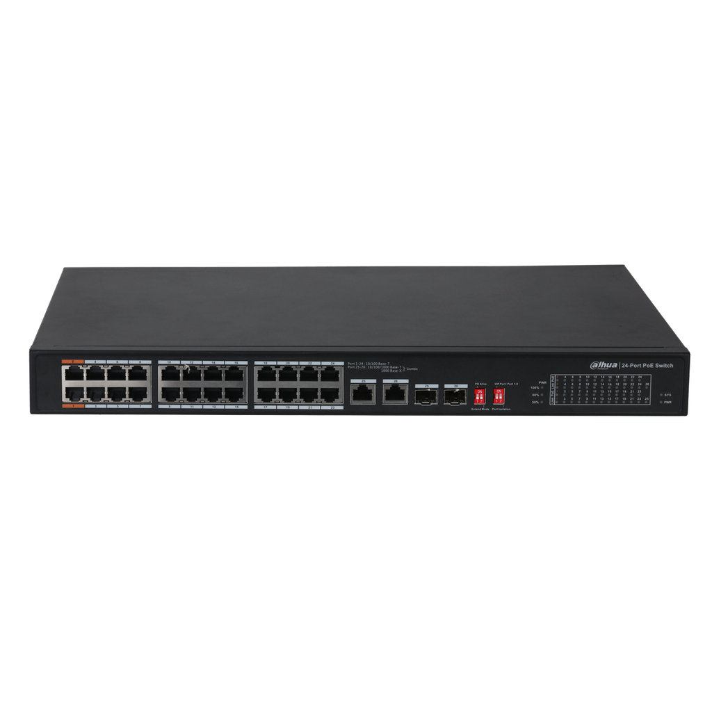 Switch PoE de 24 puertos Ethernet y 2 puertos ópticos
