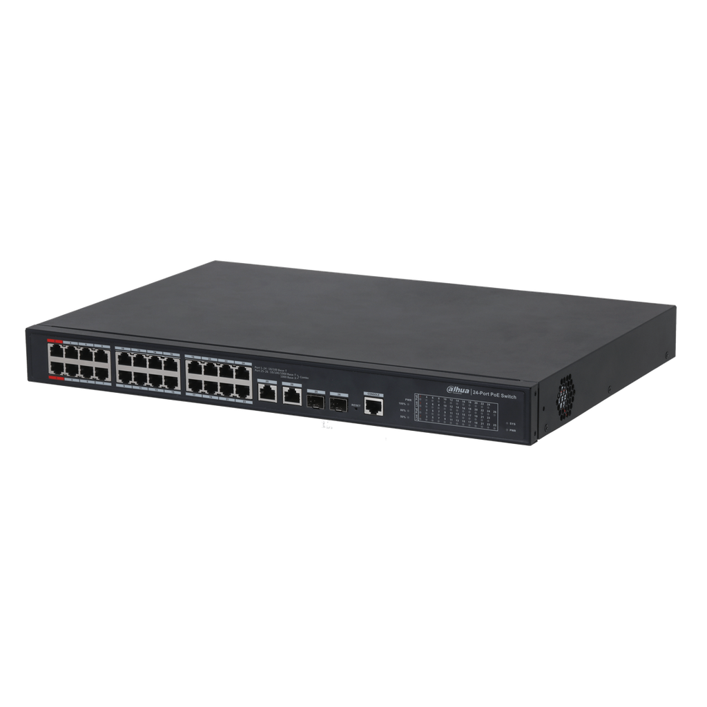 [DH-PFS4226-24ET-240-V3] Switch PoE de 24 puertos 100 Mbps + 2 puertos Gigabits, PoE 2,0, administrable **