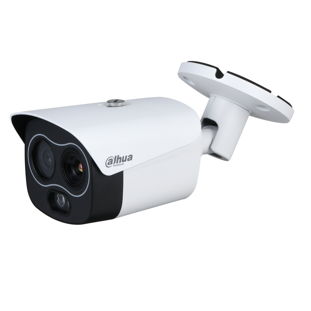 Cámara térmica mini híbrida de 256 × 192, detección de humo, lente 7 mm, cámara visble con IR30 m, IP67, PoE y audio bidireccional