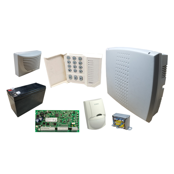 Set DSC POWER SERIE central PC1832 con teclado 1555, PIR, batería, sirena, gabinete PLAST/MET y transformador SET-PC1832-1555