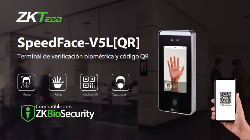 SpeedFace V5L QR Zkteco Lector de verificación biométrica y código QR