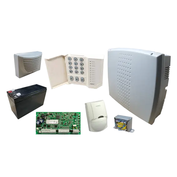 Set DSC POWER SERIE central PC1616 con teclado 1555, PIR, batería, sirena, gabinete  PLAST/MET y transformador SET-PC1616-1555