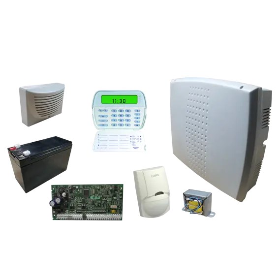 Set DSC POWER SERIE central PC1832 con teclado LCD5501, PIR, batería, sirena, gabinete PLAST/MET y transformador SET-PC1832-5501