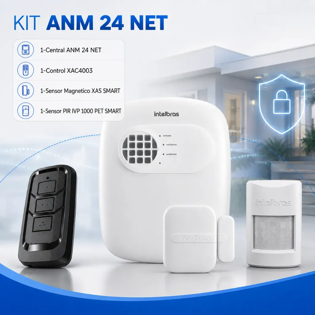 Intelbras KIT Alarma Inalambrica ANM 24 NET Central + Sensor Movimiento + Magnetico + Control