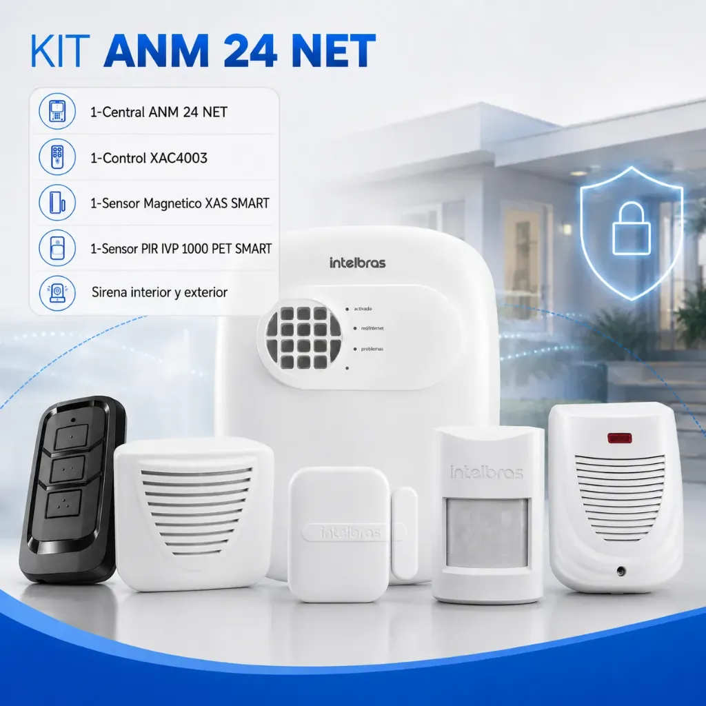 Intelbras KIT Alarma Inalambrica ANM 24 NET Central 4 zonas + Sensor Movimiento + Magnetico + Control + Sirena