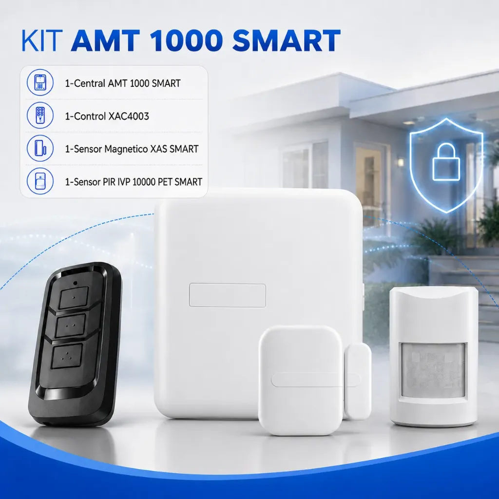 Intelbras KIT ALARMA INALAMBRICA AMT 1000 SMART  Central de Alarma 8 zonas + Sensor Movimiento + Sensor Magnetico + Control