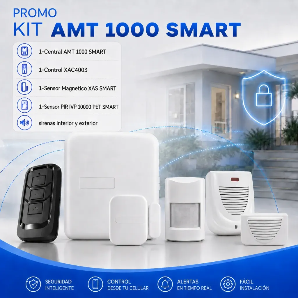 Intelbras KIT ALARMA INALAMBRICA AMT 1000 SMART Central de Alarma 8 zonas + Sensor Movimiento + Sensor Magnetico + Control + Sirena