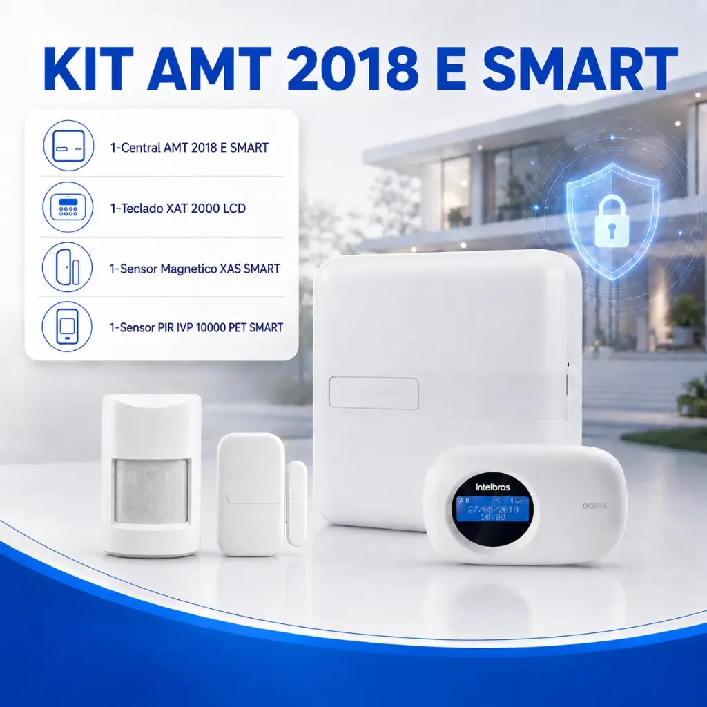 Intelbras KIT ALARMA INALAMBRICA AMT 2018 E SMART 16 zonas + Teclado LCD + Sensor Movimiento + Sensor Magnetico