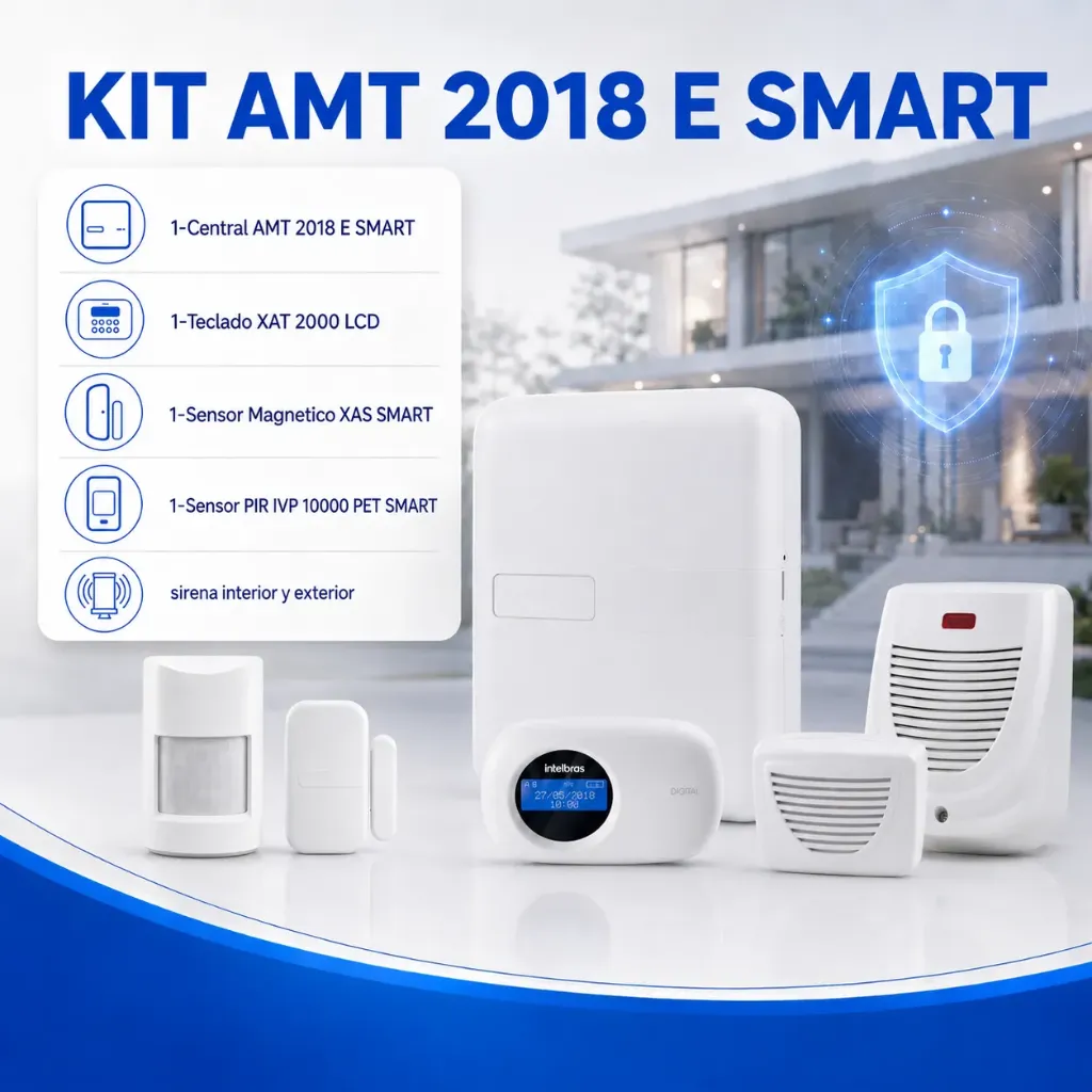 Intelbras KIT ALARMA INALAMBRICA AMT 2018 E SMART 16 zonas + Teclado LCD + Sensor Movimiento + Sensor Magnetico