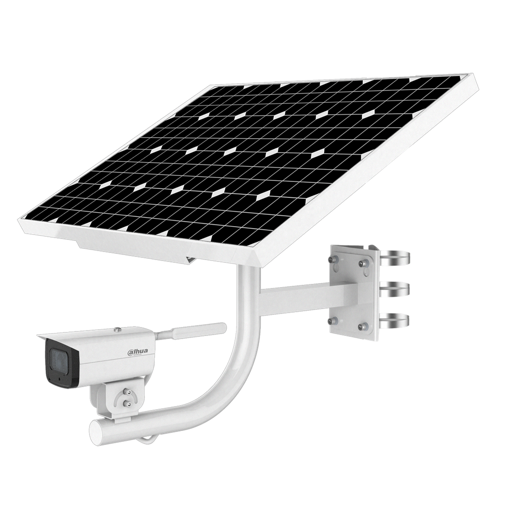Dahua Sistema de monitoreo integrado solar. Cámara Bullet 4G de 2Mp con IR 50 m, CMOS 1/2,8", lente fijo 2,8 mm, WDR, IP67 y audio. No incluye la batería de litio