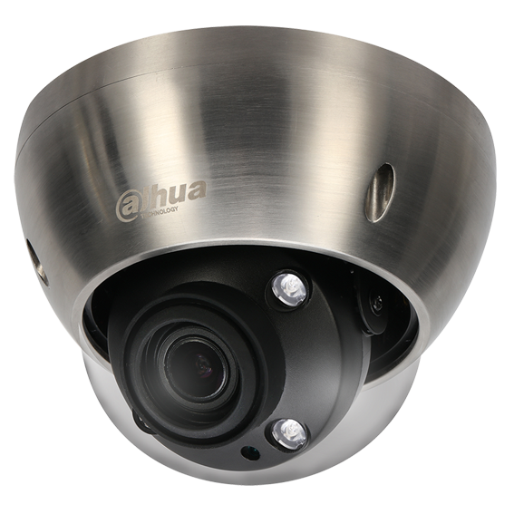 Domo anticorrosión de 2Mp con IR 50 m, CMOS 1/1.9", lente varifocal motorizado 4,1 mm~16,4 mm, IP67, IK10, PoE, WDR y audio