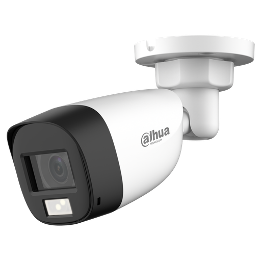 [DH-HAC-HFW1500CLP-IL-A-0280B-S2] Cámara Bullet HDCVI con IR e iluminación cálida 20m, CMOS de 5 Mp, lente fijo de 2,8 mm, micrófono incorporado, IP67 y carcasa de plástico 