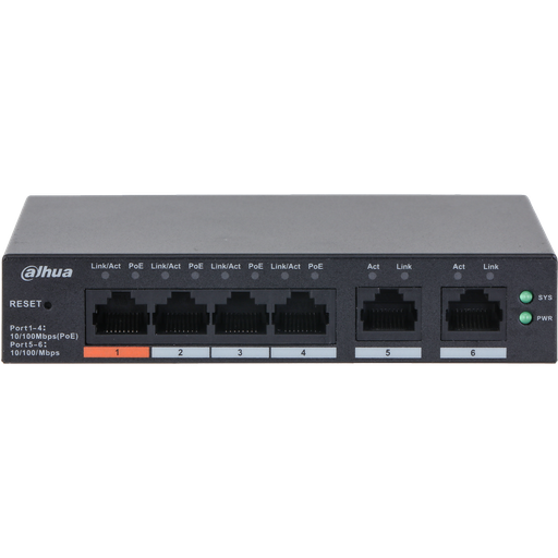 [DH-CS4006-4ET2ET-60] Switch de escritorio de 6 puertos con 4 puertos PoE administrable a través de la nube. No incluye fuente de 53V / 1,226A 